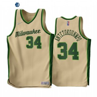 Camisetas NBA Earned Edition Milwaukee Bucks NO.34 Giannis Antetokounmpo Cream 2022-23