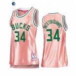 Camisetas NBA Mujer Milwaukee Bucks NO.34 Giannis Antetokounmpo 75th Aniversario Rosa Oro 2022