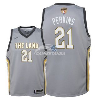 Camisetas de NBA Ninos Kendrick Perkins Cleveland Cavaliers 2018 Finales Nike Gris Ciudad Parche
