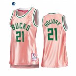 Camisetas NBA Mujer Milwaukee Bucks NO.21 Jrue Holiday 75th Aniversario Rosa Oro 2022