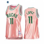 Camisetas NBA Mujer Milwaukee Bucks NO.11 Brook Lopez 75th Aniversario Rosa Oro 2022